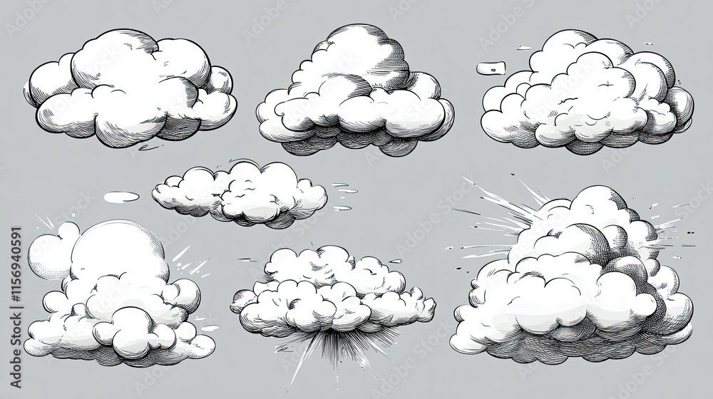 Hand-drawn sketch of various cloud shapes, including puffy, cumulus, and explosion styles. Hand-drawn sketch of various cloud shapes, including puffy, cumulus, and explosion styles.
