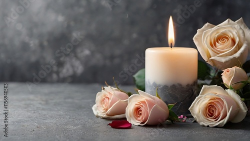 White candle with a rose and flower petals on grey stone panoramic background with copy space, funeral services web banner
