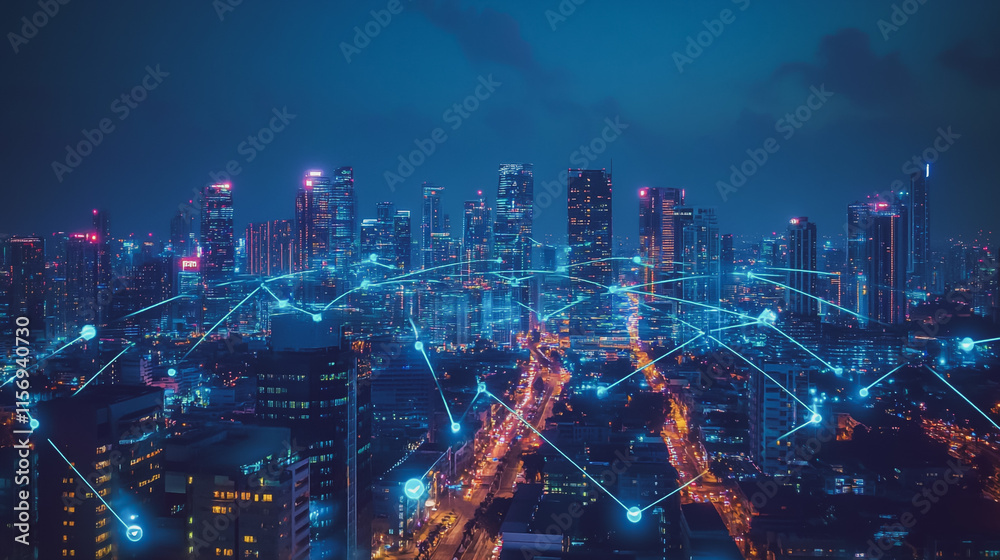 Fototapeta premium Smart digital Innovation city with connection network reciprocity over the cityscape. of future smart wireless digital city and social media networking systems that connects people with in city
