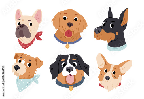 Set of different dog breeds. Bulldog, Bernese Mountain Dog, Rottweiler, Doberman, Corgi, Golden Retriever, Labrador.