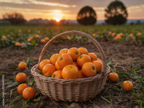 Cesta de mimbre con mandarinas de sumo en una granja
 photo