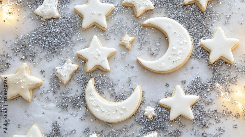 Cookie cutters shaped like moons and stars, surrounded by celestial-themed cookies and silver sprinkles Cookie cutters shaped like moons and stars, surrounded by celestial-themed cookies and silver sprinkles