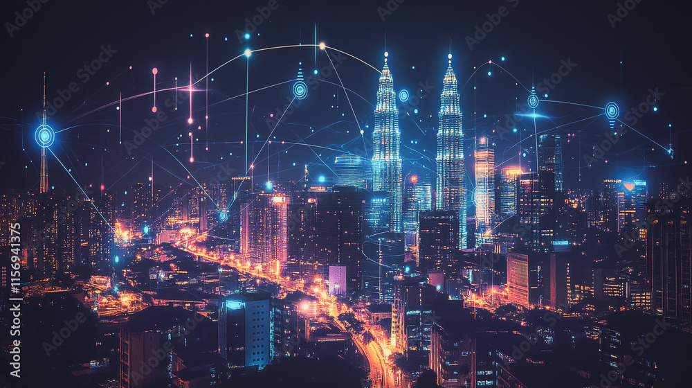 Fototapeta premium Smart digital Innovation city with connection network reciprocity over the cityscape. of future smart wireless digital city and social media networking systems that connects people with in city