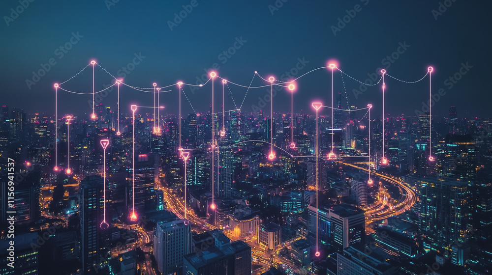 Fototapeta premium Smart digital Innovation city with connection network reciprocity over the cityscape. of future smart wireless digital city and social media networking systems that connects people with in city