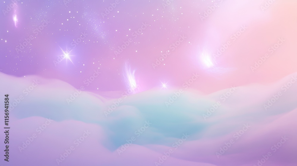 Dreamy pastel cloudscape with soft hues of pink, lavender, and baby blue, featuring glowing stars and ethereal mists that evoke a sense of serenity and magic. Background Dreamy pastel cloudscape with soft hues of pink, lavender, and baby blue, featuring glowing stars and ethereal mists that evoke a sense of serenity and magic. Background