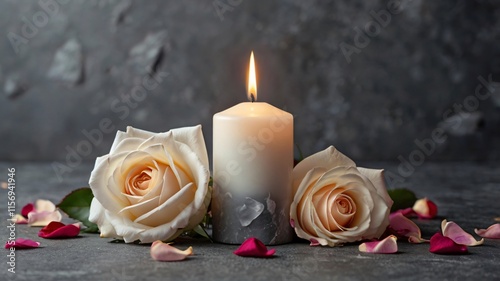 White candle with a rose and flower petals on grey stone panoramic background with copy space, funeral services web banner 