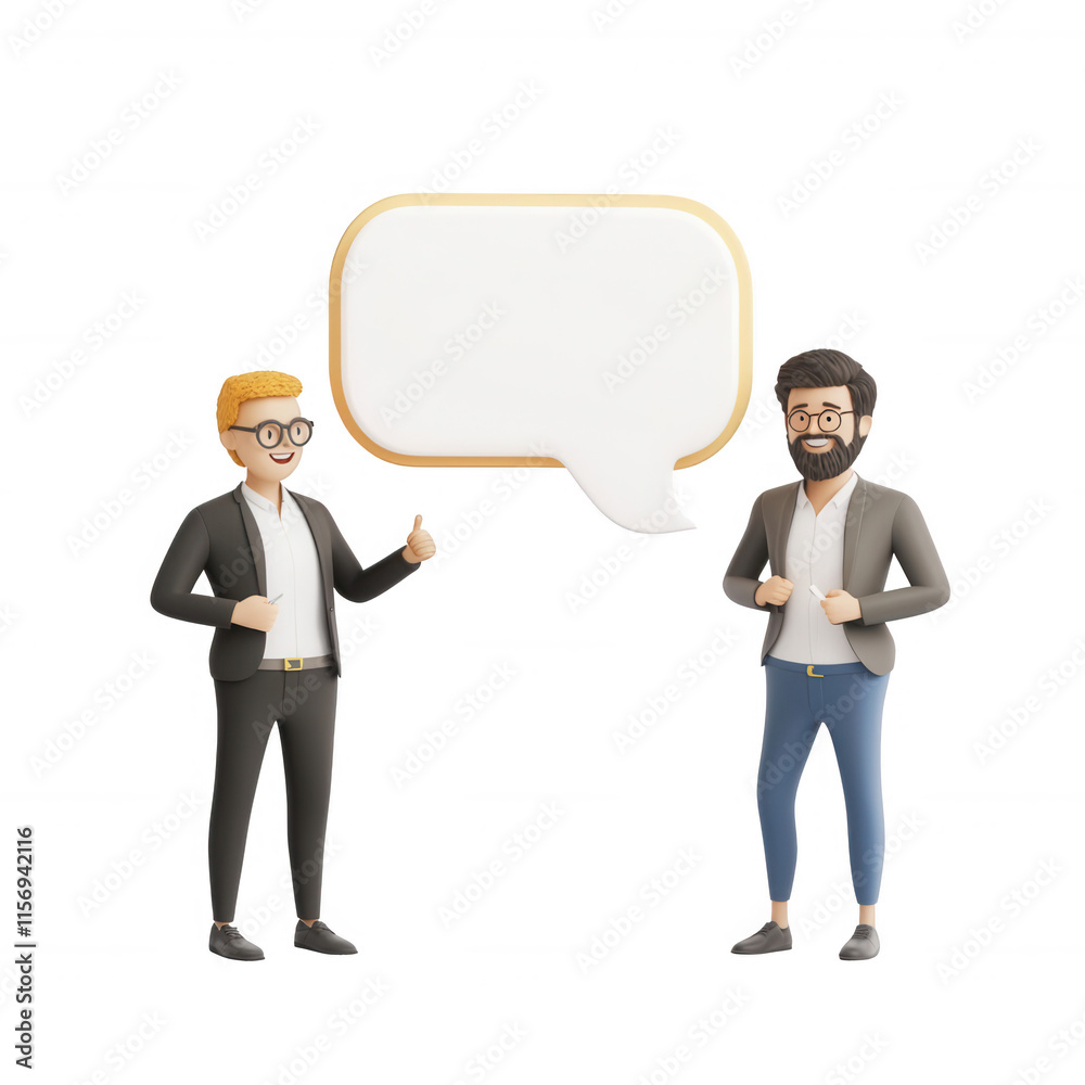 Two men exchanging ideas in a professional setting with a speech bubble., isolated on a transparent background. Two men exchanging ideas in a professional setting with a speech bubble., isolated on a transparent background.