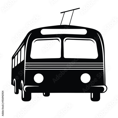a black and white silhouette of a bus. The bus is shown from the front,
