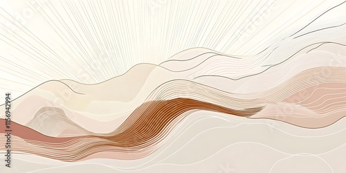 Abstract landscape illustration with soft pastel color palettes, wavy lines, and sunburst effect.