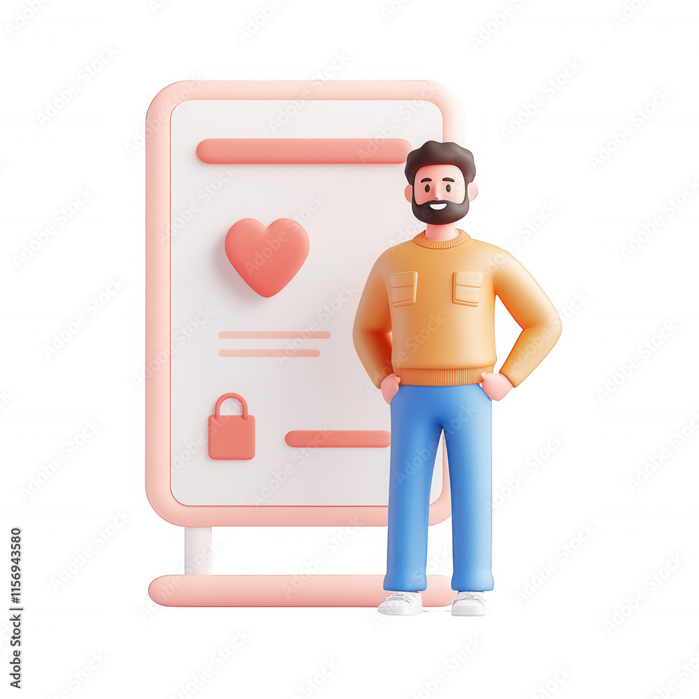 A 3D character standing beside a visually engaging poster with a heart symbol., isolated on a transparent background. A 3D character standing beside a visually engaging poster with a heart symbol., isolated on a transparent background.