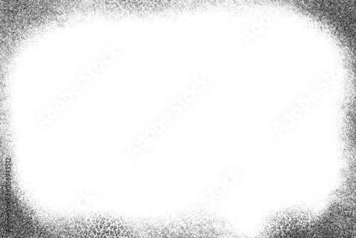 Grunge edge frame. Textured grainy border on white background. Rough fade sand effect. Dotted stipple vector abstract graphic. Vintage dark bg with glitter gradation