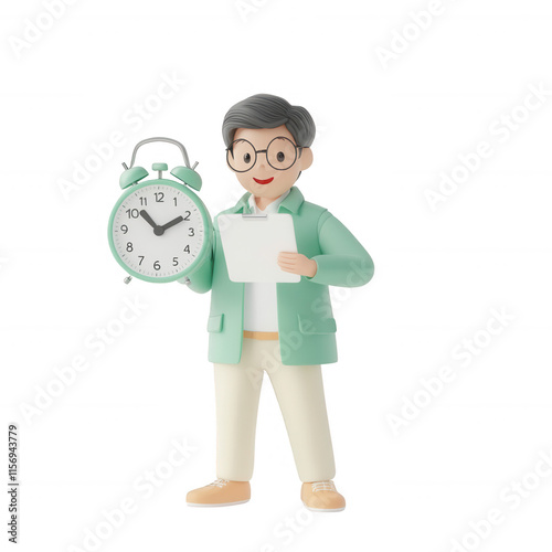 A cartoon character holding a clock and a list, representing time management. photo