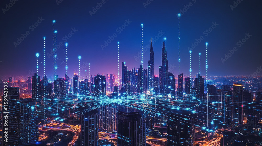 Fototapeta premium Smart digital Innovation city with connection network reciprocity over the cityscape. of future smart wireless digital city and social media networking systems that connects people with in city