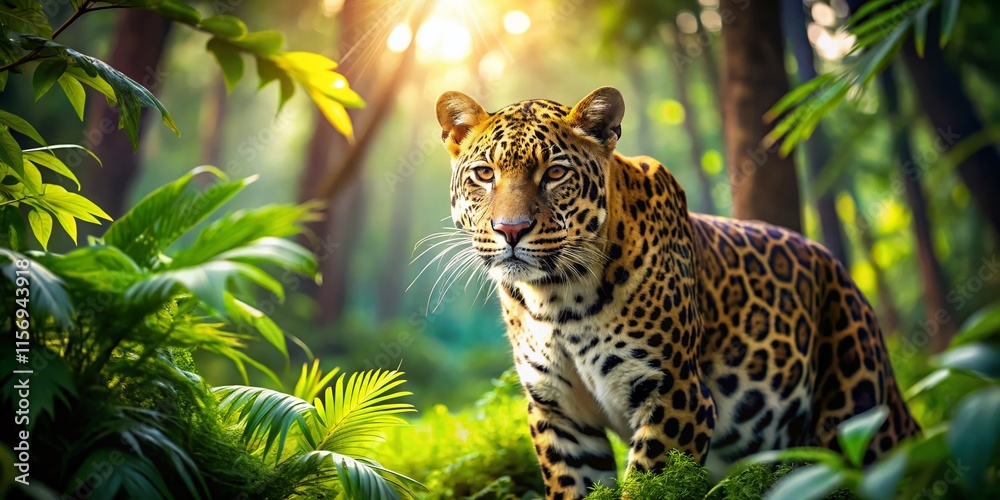 Fototapeta premium Javan Leopard Miniature Wildlife: Stealthy Hunt in Lush Forest