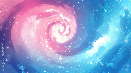Pink and blue pastel-colored spiral galaxy background, cartoon-style