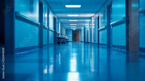 Colorful medical corridor with blue tones highlighting a clean and sterile environment in a healthcare facility