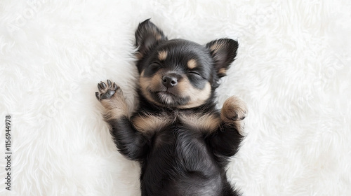 A black and brown baby Chihuahua puppy sleeping on its back with paws in the air
