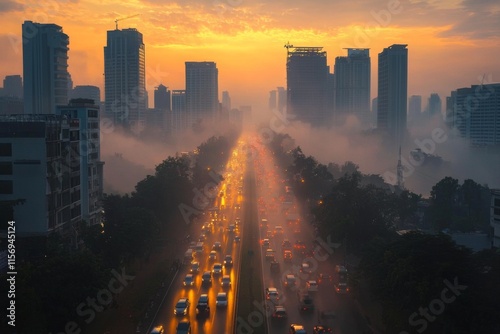 Air pollution in crowded city full of fog and smoke photo