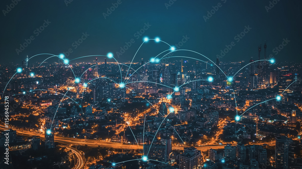 Fototapeta premium Smart digital Innovation city with connection network reciprocity over the cityscape. of future smart wireless digital city and social media networking systems that connects people with in city