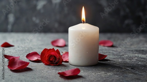 White candle with a rose and flower petals on grey stone panoramic background with copy space, funeral services web banner 