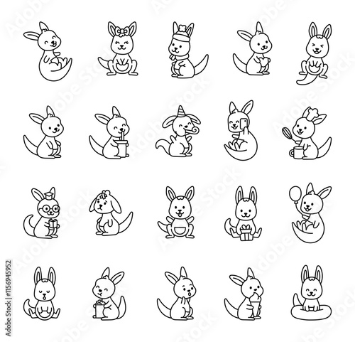 Set of kangaroo cute kawaii cartoon characters with various emotions funny actions adorable items funny poses for joyful creative illustration and design ideas