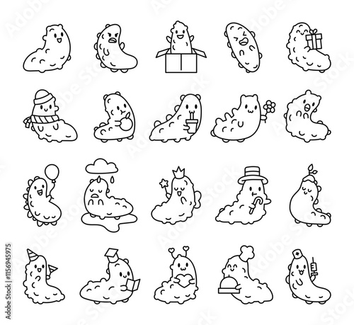 Sea cucumber set of charming and cheerful cute kawaii cartoon characters depicting various poses, emotions, and underwater marine themed designs for creative illustration purposes.