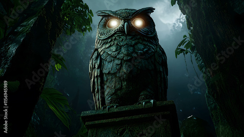Ancient Guardian Owl Statue with Glowing Eyes in a Mystical Forest