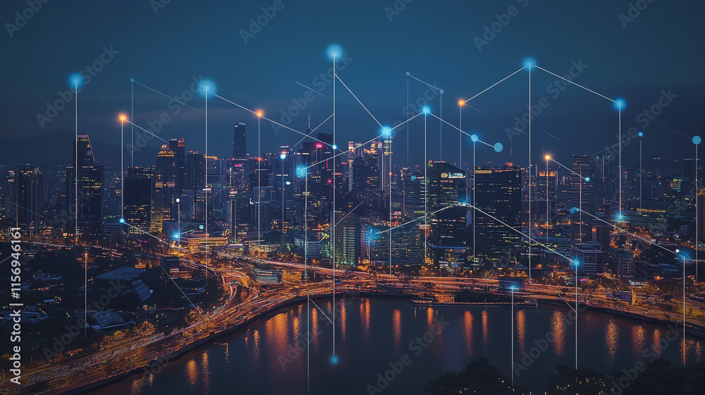 Fototapeta premium Smart digital Innovation city with connection network reciprocity over the cityscape. of future smart wireless digital city and social media networking systems that connects people with in city