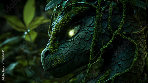 Ancient Dragon Statue Entwined with Vines in a Mystical Forest
