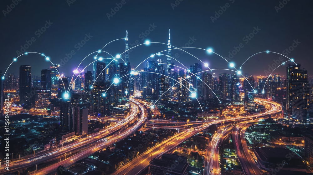 Fototapeta premium Smart digital Innovation city with connection network reciprocity over the cityscape. of future smart wireless digital city and social media networking systems that connects people with in city