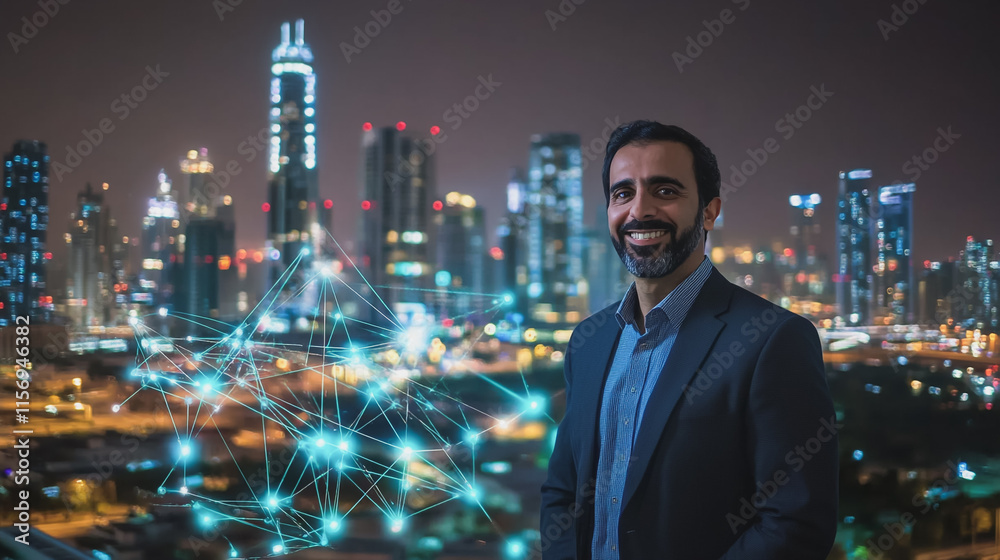 Fototapeta premium Abstract business man stands on the peak of success amid tall, innovative Smart city and graphs with statistics to analyze business potential and predict future developments in company growth.