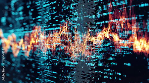 Abstract digital dark background with dynamic audio wave visualization, fire and data. Theme of soundwave, technology, sound, code