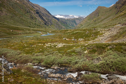 Ekrehytta mountain range seen from Turtagro, Norway at Jotunheimen National Park, with clear skies during a summer day.