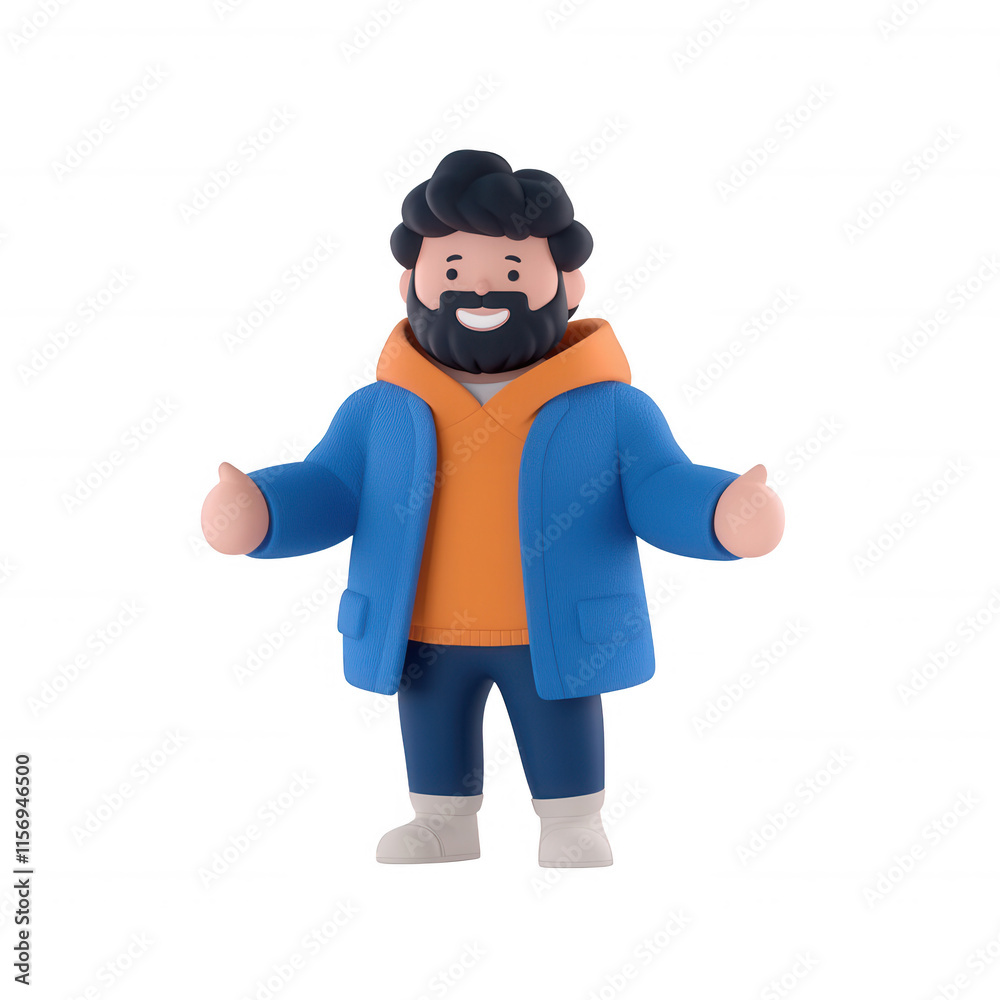 A friendly cartoon character in a blue jacket with a big smile and welcoming gesture., isolated on a transparent background. A friendly cartoon character in a blue jacket with a big smile and welcoming gesture., isolated on a transparent background.