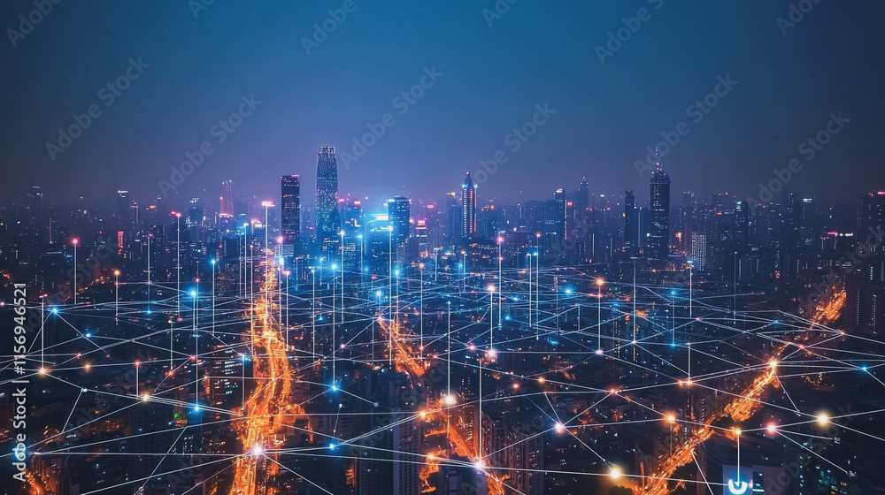 custom made wallpaper toronto digitalSmart digital Innovation city with connection network reciprocity over the cityscape. of future smart wireless digital city and social media networking systems that connects people with in city