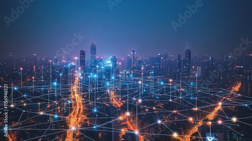 Wallpaper Mural Smart digital Innovation city with connection network reciprocity over the cityscape. of future smart wireless digital city and social media networking systems that connects people with in city Torontodigital.ca