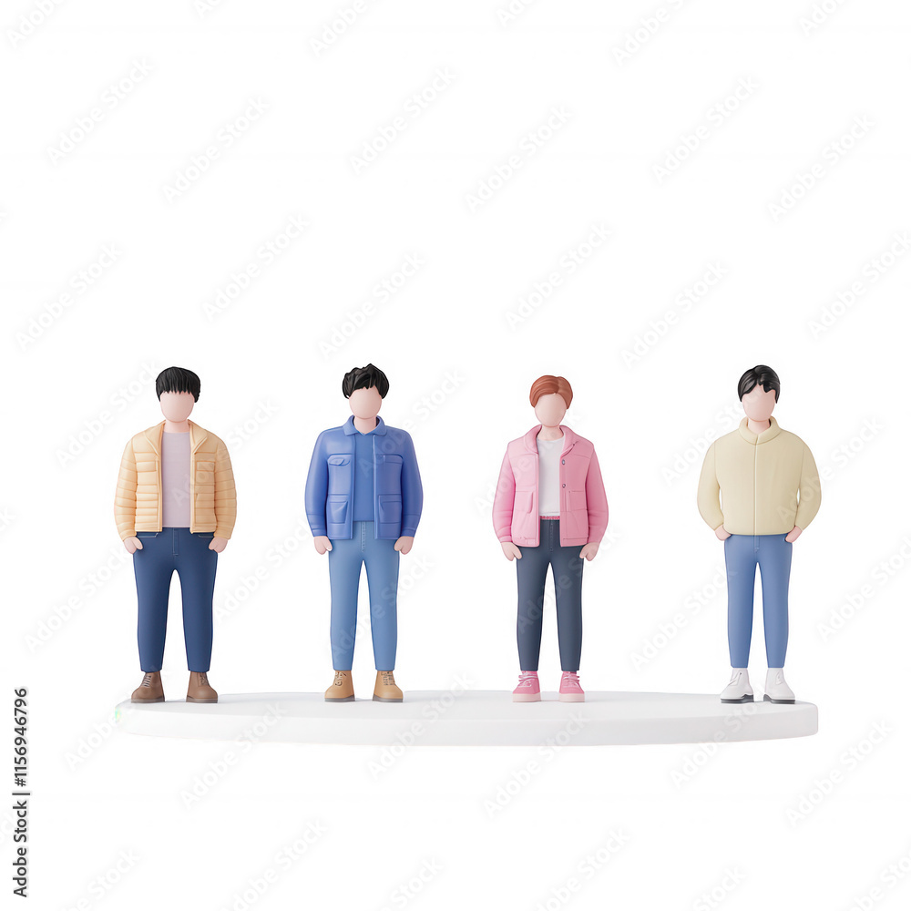 A group of four diverse characters standing together in a modern style., isolated on a transparent background. A group of four diverse characters standing together in a modern style., isolated on a transparent background.