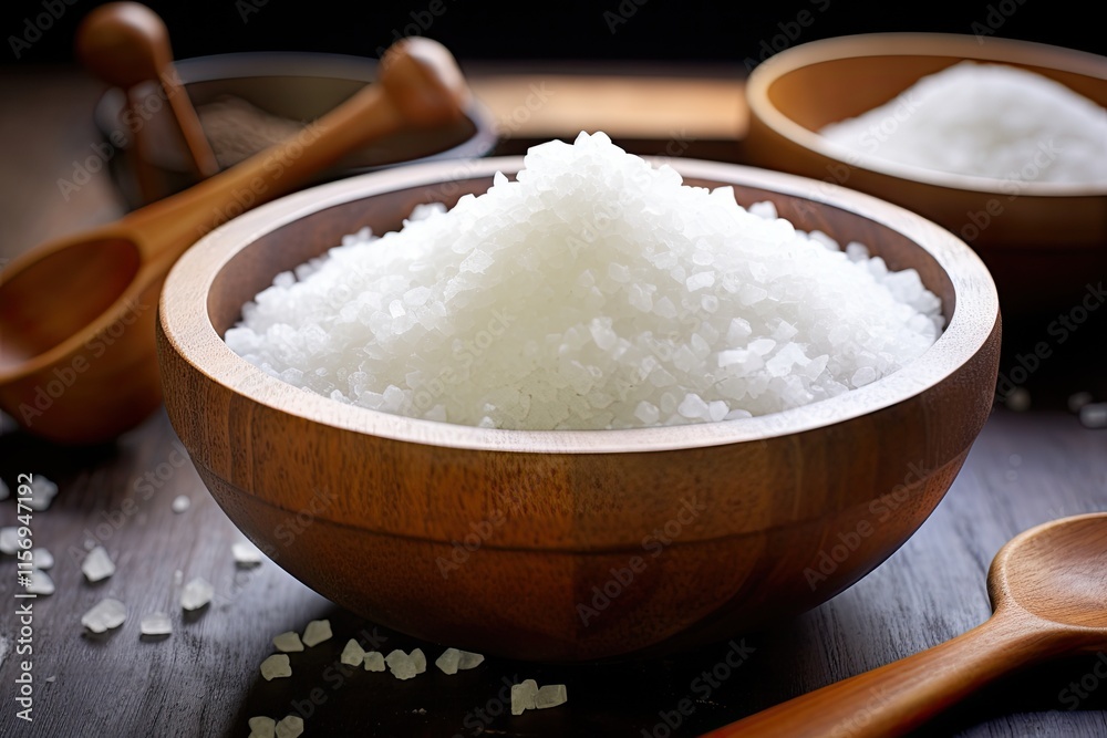 Closeup of wooden bowl with healthy sea salt Closeup of wooden bowl with healthy sea salt