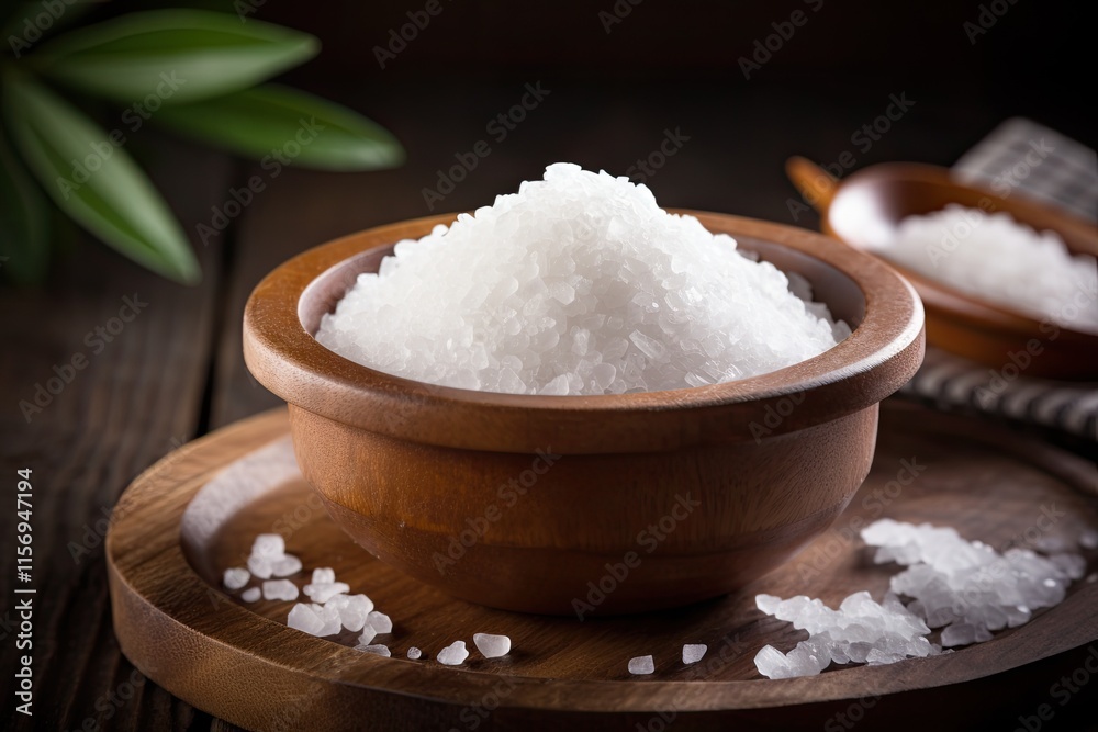 Closeup of wooden bowl with healthy sea salt Closeup of wooden bowl with healthy sea salt