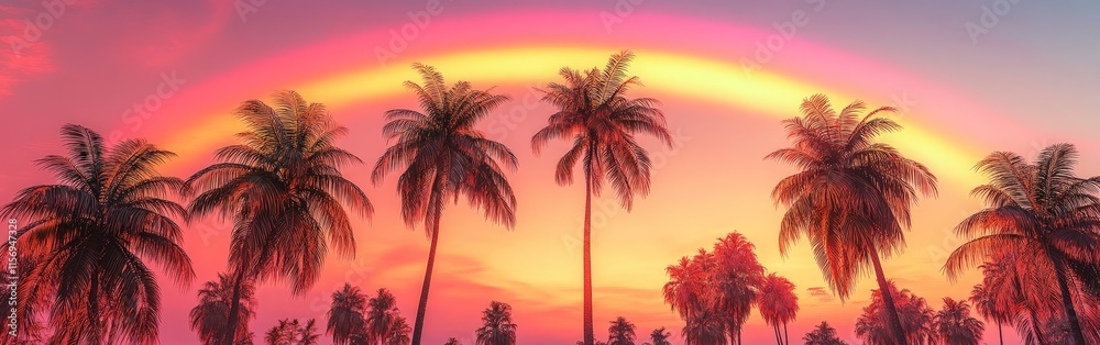 Tall Palm Trees Under a Vibrant Rainbow Sky Tall Palm Trees Under a Vibrant Rainbow Sky