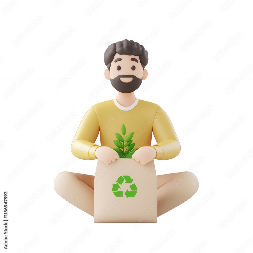 A man with a recycling bag planting a plant, promoting eco-friendly practices., isolated on a transparent background. A man with a recycling bag planting a plant, promoting eco-friendly practices., isolated on a transparent background.