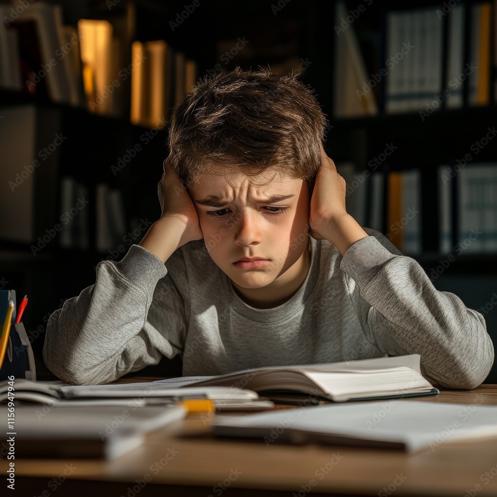 Boy struggles with homework from above Boy struggles with homework from above