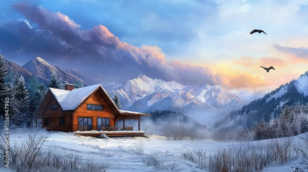 Fototapeta premium A cozy lodge in the mountains, surrounded by tall snow-covered trees.