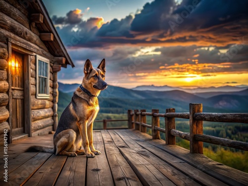 Lone Dog on a Western Terrace at Dusk - Sheriff's House, Wild West photo