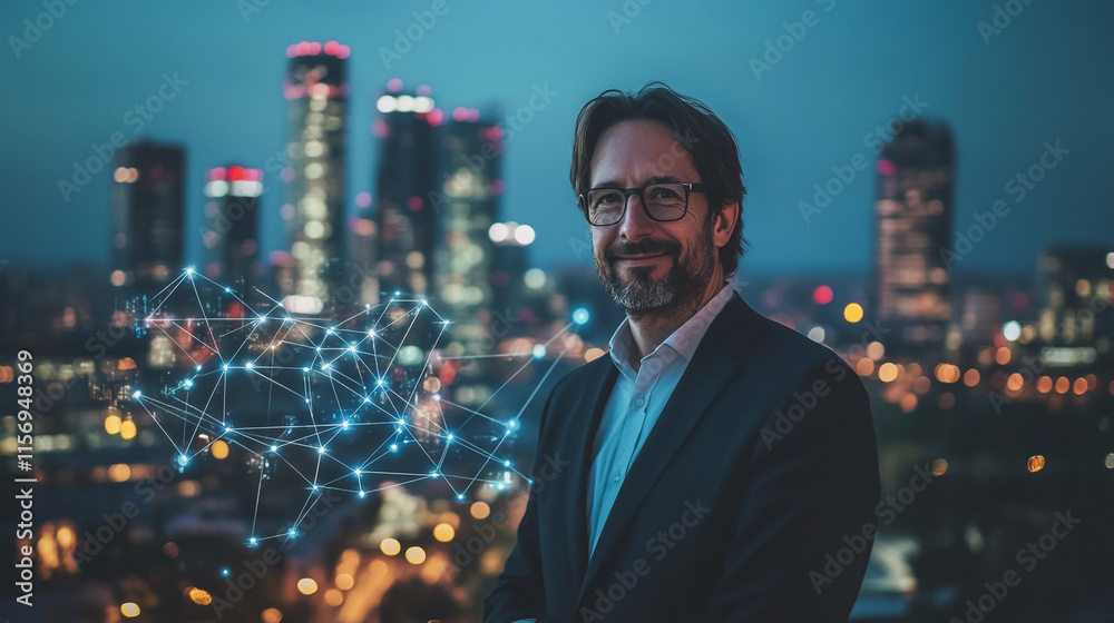 Abstract businessman stands on the peak of success amid tall, innovative Smart city and graphs with statistics to analyze business potential and predict future developments in company growth. Abstract businessman stands on the peak of success amid tall, innovative Smart city and graphs with statistics to analyze business potential and predict future developments in company growth.