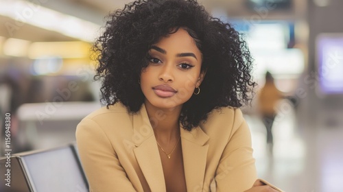 Stylish Young Woman with Curly Hair in Airport Lounge Setting photo