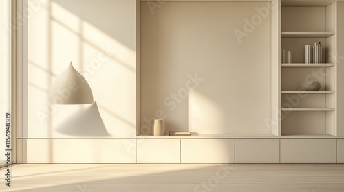 A minimalist living room featuring pale neutral walls, a sculptural lamp, and seamless built-in cabinetry