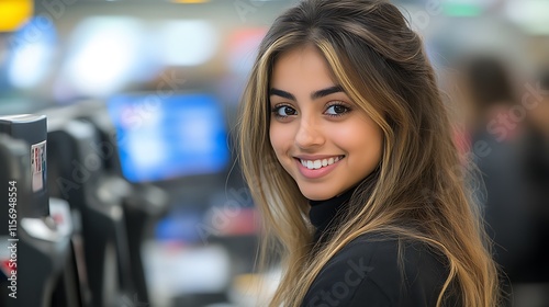 Young Woman Smiling in a Store Setting photo