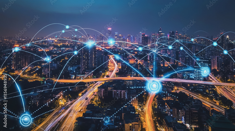 Fototapeta premium Smart digital Innovation city with connection network reciprocity over the cityscape. of future smart wireless digital city and social media networking systems that connects people with in city