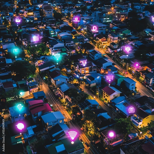 High-angle view of a vibrant urban scene where smart homes glow with interactive lighting, showcasing a harmonious future photo